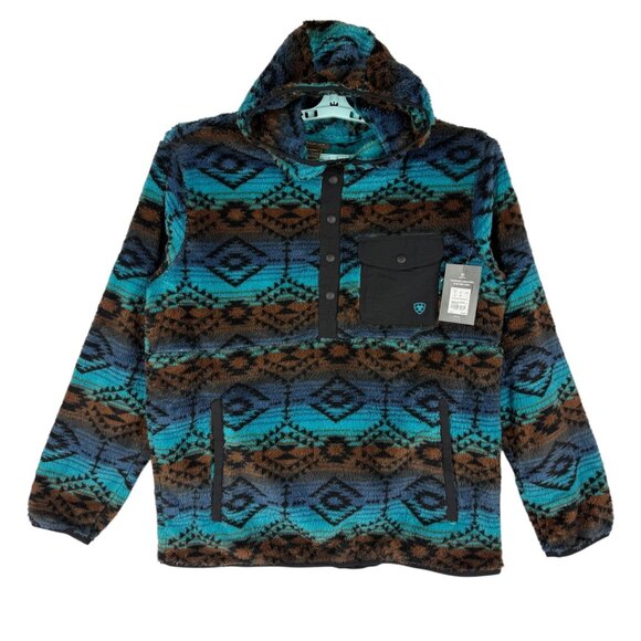 Ariat Men's Pullover Enamel Blue Serape Polar Bear Fleece Hood Size Large NWT - Picture 1 of 11